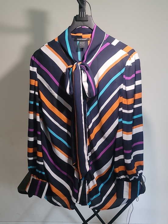 Ashley Stewart Tops - Ashley Stewart Navy Striped Bow-Tie Blouse with Orange, Teal & Purple Accents